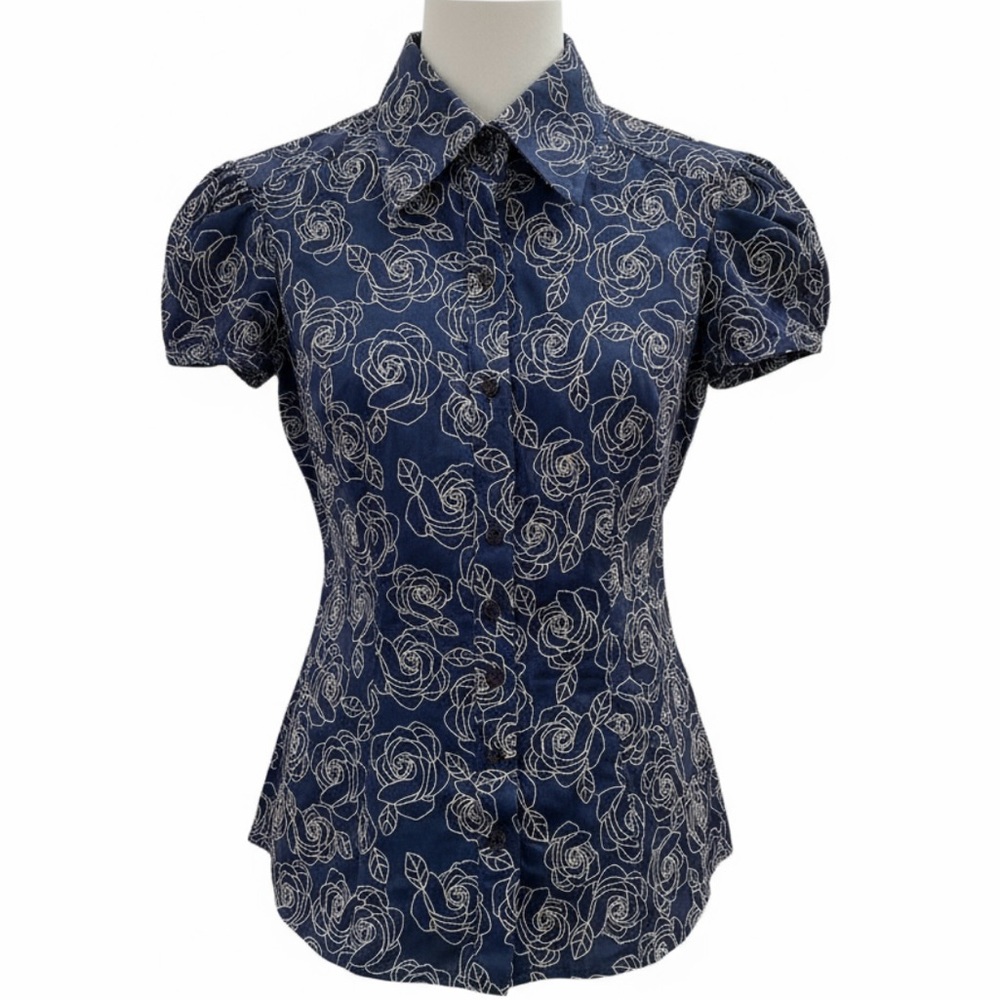 Bebe Dark Blue Rose Pattern Button Down Shirt W/B… - image 1